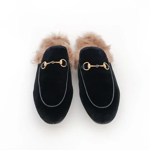 Gucci Princetown Fur Slipper EU 40 US 10 Black Velvet Horsebit Mule Loafer Flat - Picture 2 of 11